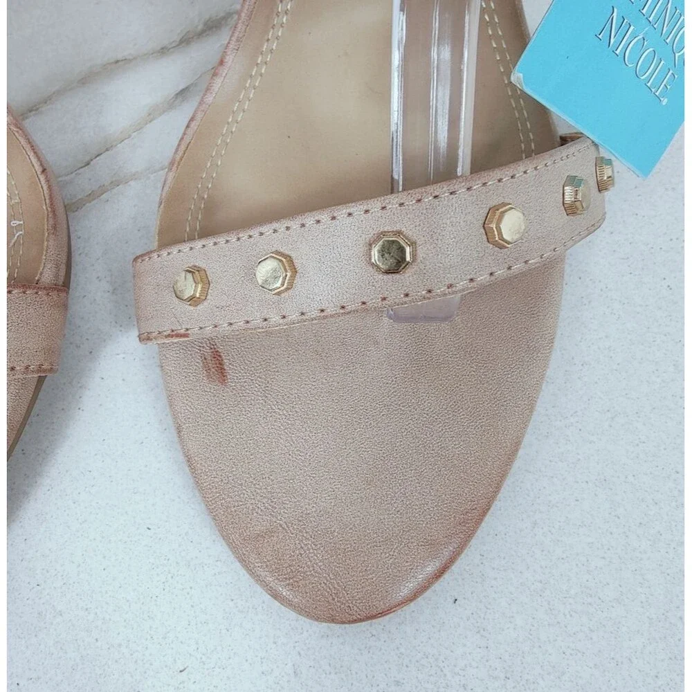 NWT Dominique Nicole Tyne Beige Gold Studded Block Heel Ankle Strap Sandals, 11